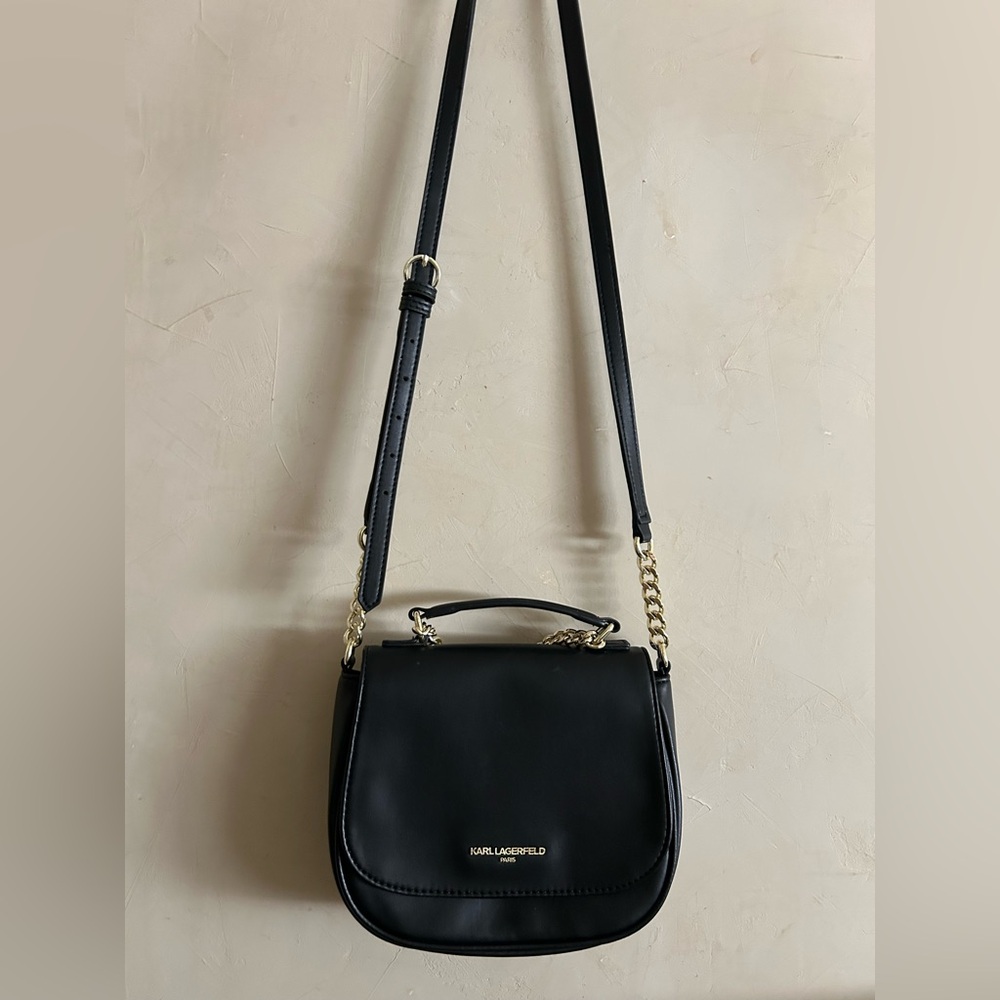 Karl Lagerfeld Black Crossbody Saddle Bag with Gold Charms